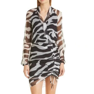 MOTHER OF ALL Vera Ruched Long Sleeve Silk Dress Black and White size 8/10 NWT